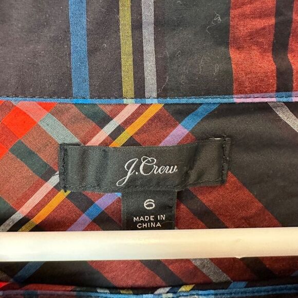 J. Crew Black Red Plaid Jewel Detail Boat Neck 100% Cotton Holiday Blouse Size 6 - Picture 4 of 6